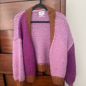 FRNCH Pink & Purple Colorblock Chunky Knit Cardigan with Brown Trim